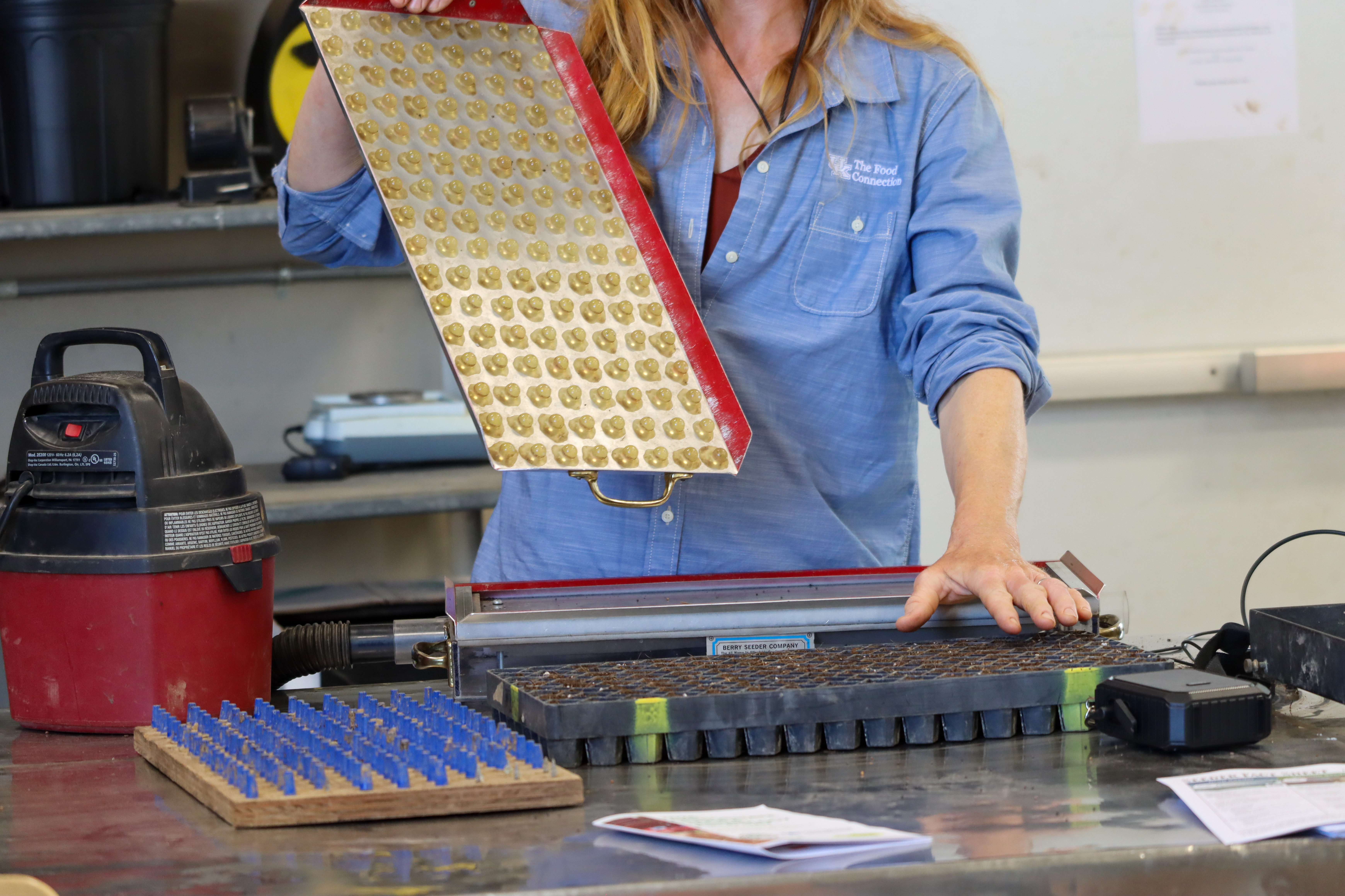 person holding a metal plate for seeding 