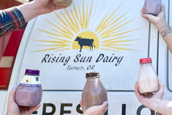 Different flavors of milk in front of logo