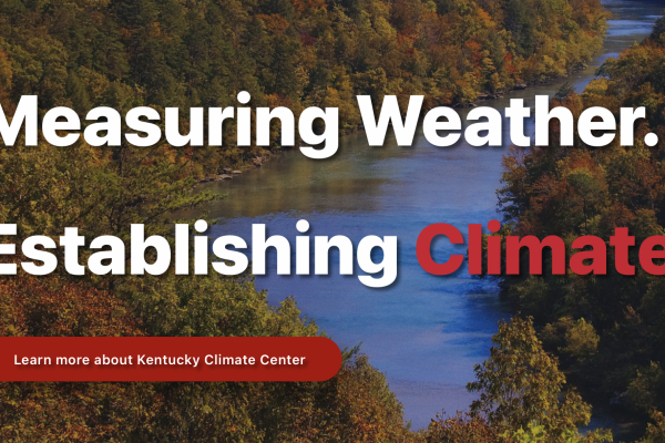 photo of river in woods with white and red writing reading "Measuring Weather. Establishing Climate.