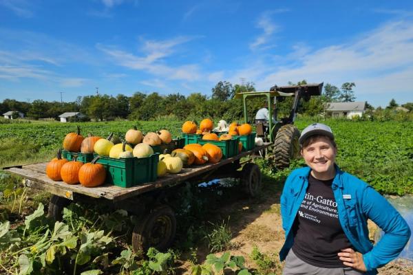 person standing in front of wagon filled with pumpkins in a field