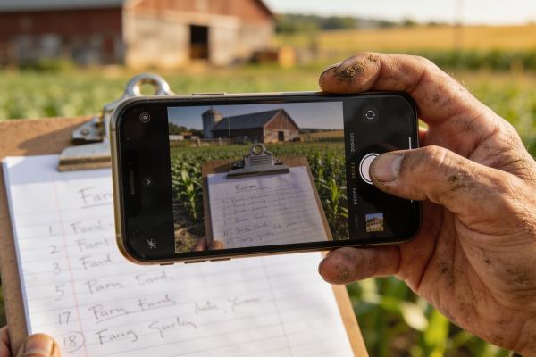 A person taking a photo of a farm record sheet on a clip board. There is a farm in the background. 
