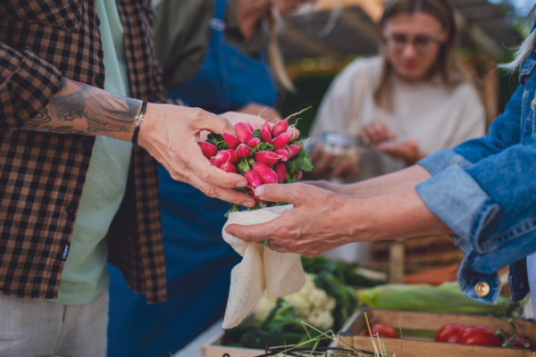 Hands placing radishes into a bag held by another pair of hands at a farmers market.
