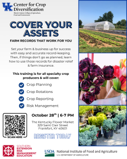 Flyer for the Cover Your Assets Program a the Kentucky Flower Market on 10/28.