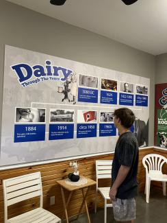 Customer looking at educational signage titled "Dairy Through the Years"