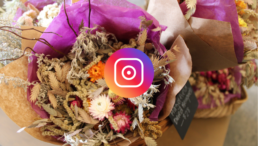 Image of dried floral bouquets with the Instagram Icon in the center of the photo