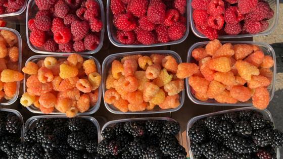 mixed berries on display at market table