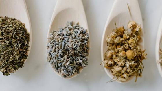 dried herbs on wooden spoons