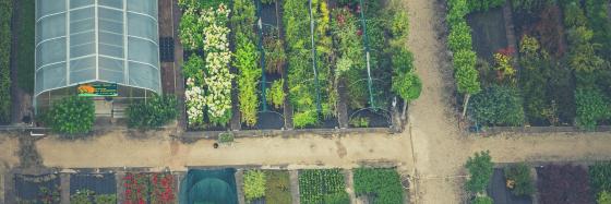 overhead view of small farm with greenhouse