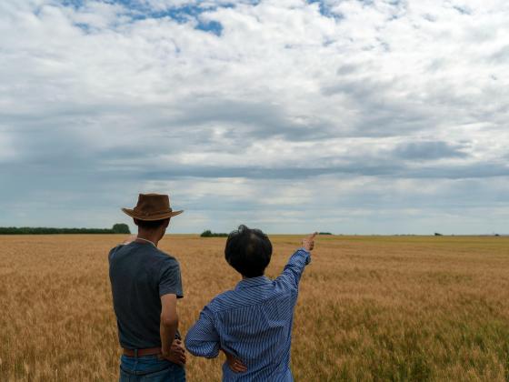two people standing and pointing out to a field, one taller with a hat and black shirt, one shorter with a blue jacket